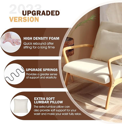 ELUCHANG Accent Chair with Lumbar Pillow,Mid-Century Modern Armchair, Linen Fabric Comfy Reading, Lounge Side Chair for Living Room Bedroom Apartment,Easy Assembly(Beige)