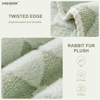 HANDONTIME Non-Slip Pet Couch Cover Washable, Plush Faux Fur Couch Protector for Cushion Pet-Friendly Sofa Covers for Dogs, Checkered Diamond Sectional Covers Dog Mat for Sofa (Green, 35.6" x 94.5")