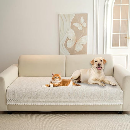 HANDONTIME Chenille Pet Couch Cover Floral Pattern – Soft Fringed Edges, Non-Slip Washable Sofa Slipcover, Jacquard Sofa Cushion Cover, Protects Furniture from Dogs, Cats & Kids (Khaki,35.4" x 63")
