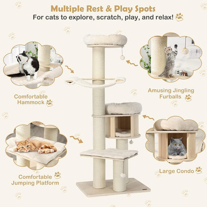 Tangkula Modern Cat Tree, Multi-Level Large Cat Tower with Condo, Hammocks & Hanging Basket, Tall Cat Tree with Sisal Posts, Washable Cushions, Wood Cat Trees and Towers for Indoor Large Cats