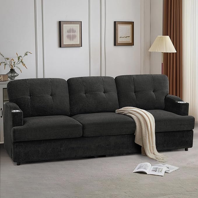 89" Chenille 3 Seats Sofa with Built-in Cup Holder, Tufted Modern Couch with Thickened Seat Cushions, Soft Upholstered Sofa with Deep Seating Space for Living Room, Apartment, Dark Grey