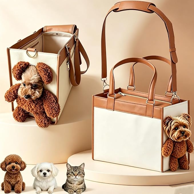 Teddy Bear Dog Carrier Bag, Teddy Carrier Bag for Dogs and Cats, Portable PU Leather Shoulder Tote with Plush Ears, Portable Convenient，White Brown Color Scheme M