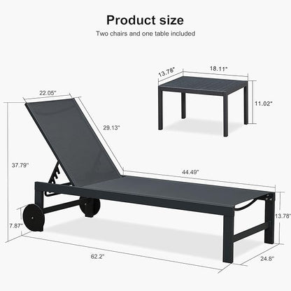 PURPLE LEAF Patio Lounge Chair Set for 2 Outdoor Chaise Lounge with Adjustable Backrests and Wheels Aluminum Reclining Pool Chair for Outside Yard Poolside Table Included, Dark Grey