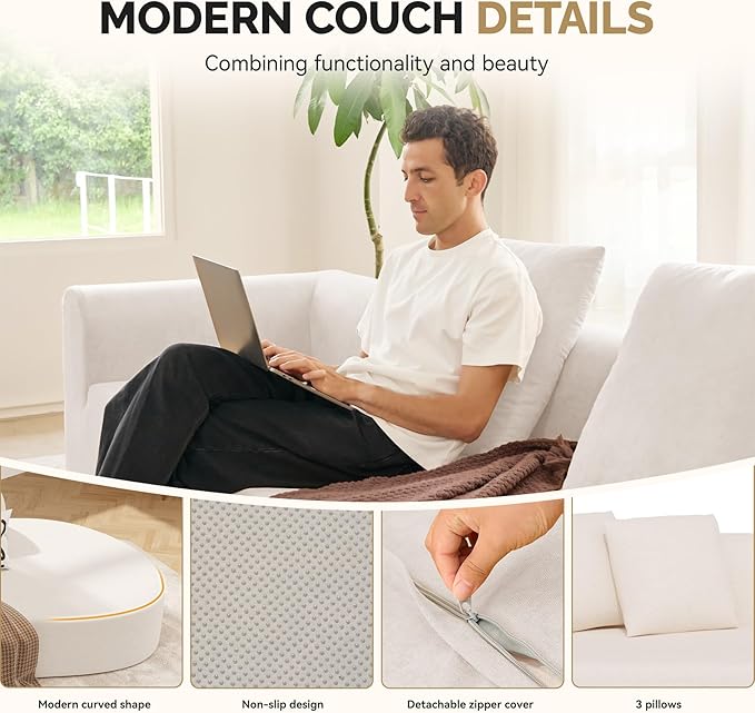 128" Oversized Modern Curved Sofa,Boneless Cloud Sectional Couch with Deep Seat,No Assembly Required Chenille Couches for Living Room,Beige,1 PCS