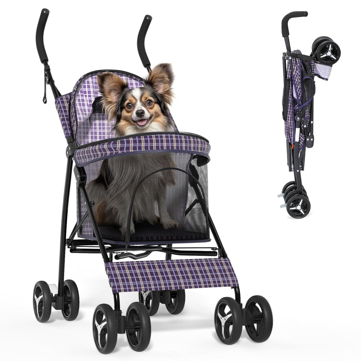 Magshion Compact Pet Stroller for Small-Medium Dogs/Cats up to 22lbs, 4-Wheel Lightweight Umbrella Shaped Portable Puppy Travel Jogger with Breathable Mesh & Rear Storage, Plaid