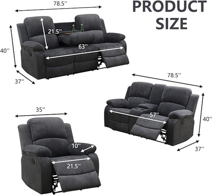 Manual Recliner Sofa Set,Corduroy Reclining Couch Set,Modern Living Room Furniture Set,Reclining Sofa Couch Chair for Living Room Home Office(Dark Grey,3 Pieces Set)
