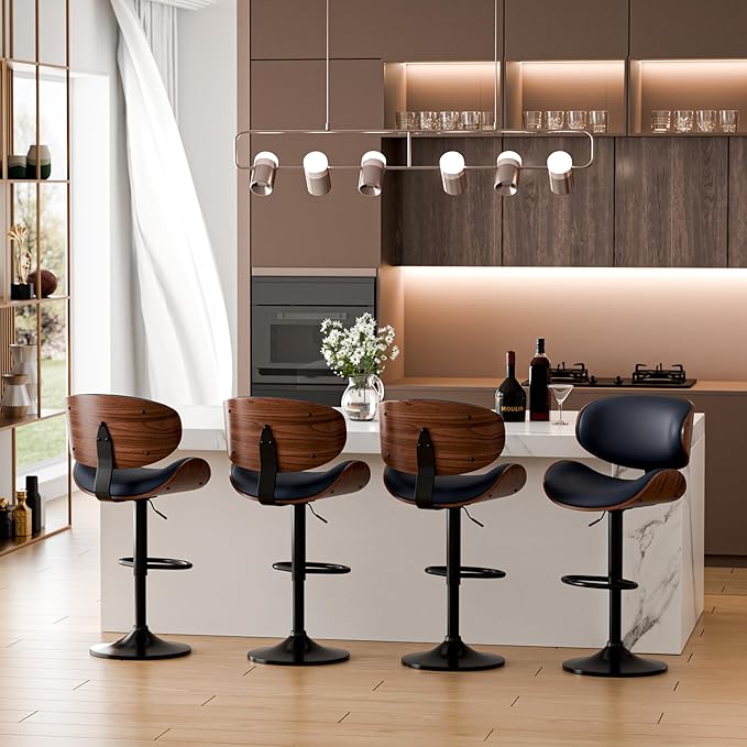 Aowos Bar Stools, Adjustable Swivel Leather Bar Stools for Kitchen Island, Mid Century Modern Counter Height Bar Chairs Barstools with Back & Footrest (Blue 1PCS)