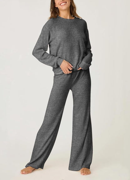 Aamikast Women's 2-Piece Lounge Set Soft Brushed Jersey Sleepwear Pajamas Set Long Sleeve Top & Wide Leg Pants