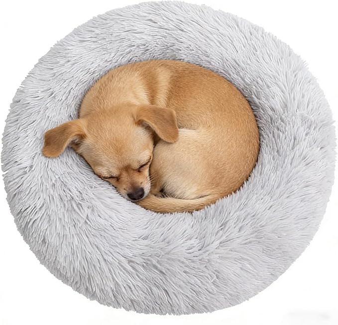 Calming Donut Dog Beds for Small Dogs Cats - Washable Removable Cover Non-Slip Bottom, Round Pet Bed Puppy Bed Warming Fluffy Faux Fur Anti-Anxiety, Fits up to 25 lbs (Light Grey, 23")
