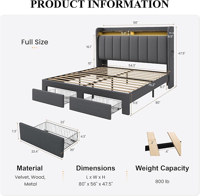 SHA CERLIN Full Size Platform Bed Frame with Vertical Channel Tufted Wingback Headboard & 2 Storage Drawers/2-Tier Shelves with LED Lights & Charging Station/Noise-Free/No Box Spring Needed/Dark Grey