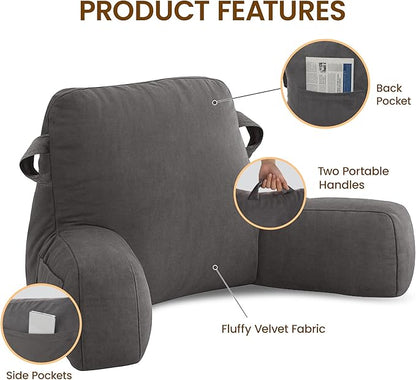 Unisakey Portable Comfy Reading Pillows for Bed Sitting Up(Light Grey Oeko-Tex), Velvet Back Pillow with Arms & Pockets for Adults, Support Memory Foam Bed Pillow for Dorm/Reading/Watching/Gaming