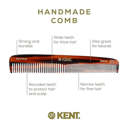 Kent 9T Tortoise Fine and Wide Tooth Comb Detangler - Large Handmade and Saw-Cut Dressing Combsw,for Wet and Dry, Hair Comb for Women and Durable Grooming Comb for Men Made in England