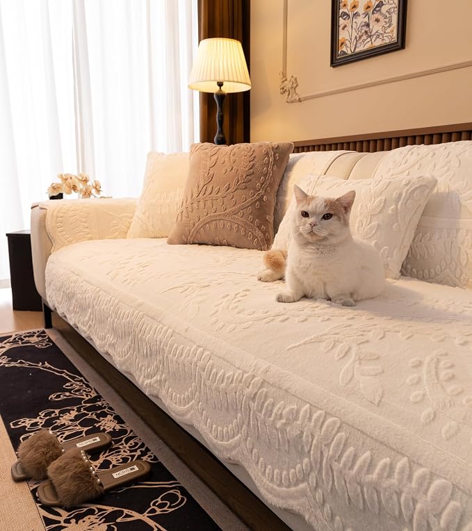White Fuzzy Rabbit Plush Sofa Cover Cozy Warm Sofa Couch Covers with 3D Jacquard Leaf Pattern Non-Slip Easy-to-Install Shaggy Sofa Slipcover Prefect for Kids Dogs Cats Cats(White,36"x63")