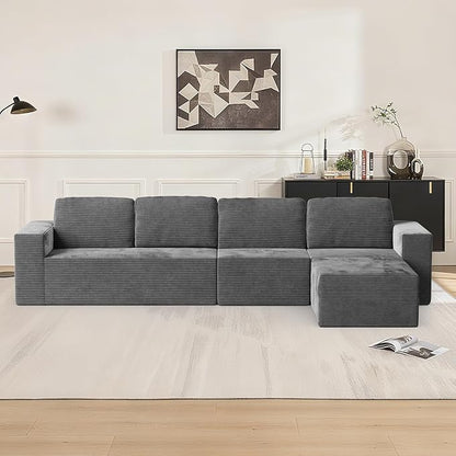136" Modular Sectional Sofa with L-Shape Chaise, Right/Left Facing Deep Seat Cloud Couch, No Assembly Required, Upholstered Couch for Living Room Bedroom (Deep Grey, Plush Corduroy Fabric)