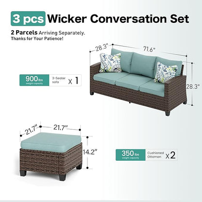 SUNSHINE VALLEY L-Shaped Outdoor Furniture Set, 5-Seat Couch With 2 Ottomans, Durable Rattan Sofa for Small Patios, Modular All-Weather Use, Blue
