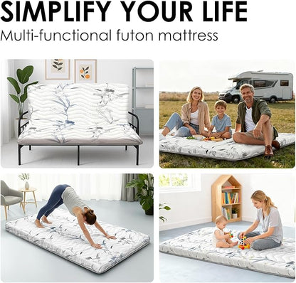 Japanese Floor Mattress, 3.5" Thicken Ink Wash Floral Pattern Portable Futon Mattress, 100% High-Density Foam Tatami Mat Sleeping Pad for Camping Guest Room Dormitory RV, White, Queen