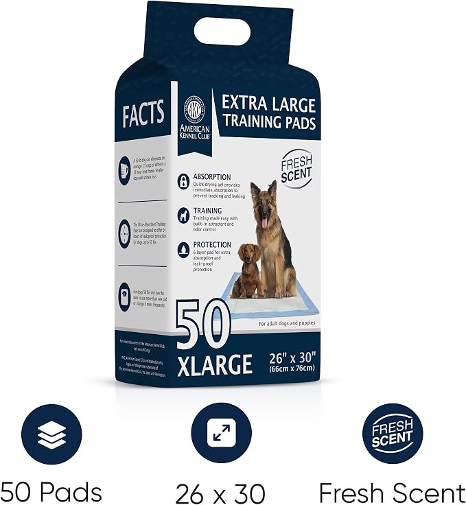 American Kennel Club Scented Puppy Pads –Large Size – 30x26 Ultra Absorbent 6-Layer Pee Pads with Odor Control & Quick-Dry Gel – Fresh Scent – 50 Count (Fresh Scented, 26x30)