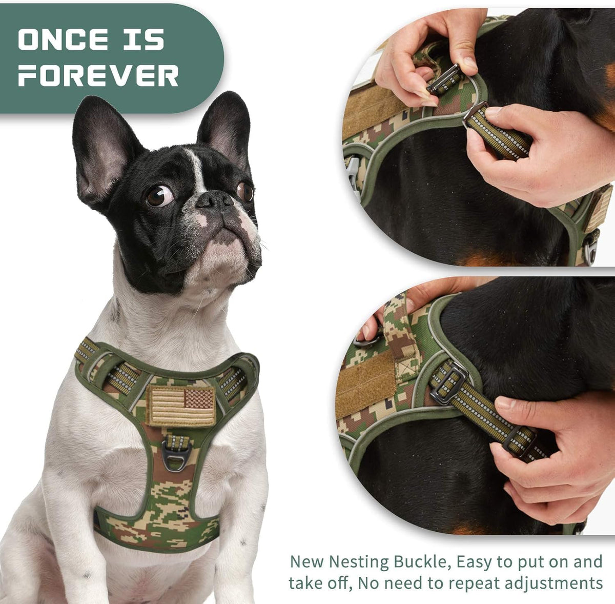 BUMBIN Tactical Dog Harness for Small Dogs No Pull, Famous TIK Tok No Pull Puppy Harness, Fit Smart Reflective Pet Walking Harness for Training, Adjustable Dog Vest Harness with Handle Forest Camo XS