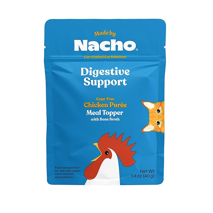Made by Nacho Digestive Support Cage-Free Chicken Puree Meal Topper with Bone Broth, Add Digestion Support to Dry Cat Food and Kibble, Hydration and High Fiber, Limited Ingredients, 36 Count