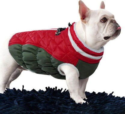 FUAMEY Dog Coat for Small Dogs,Waterproof Dog Winter Jacket with Harness Built in Puppy Cold Weather Coats Reflective Pet Vest with Zipper Warm Fleece Dogs Snowsuit Windproof Christmas XS