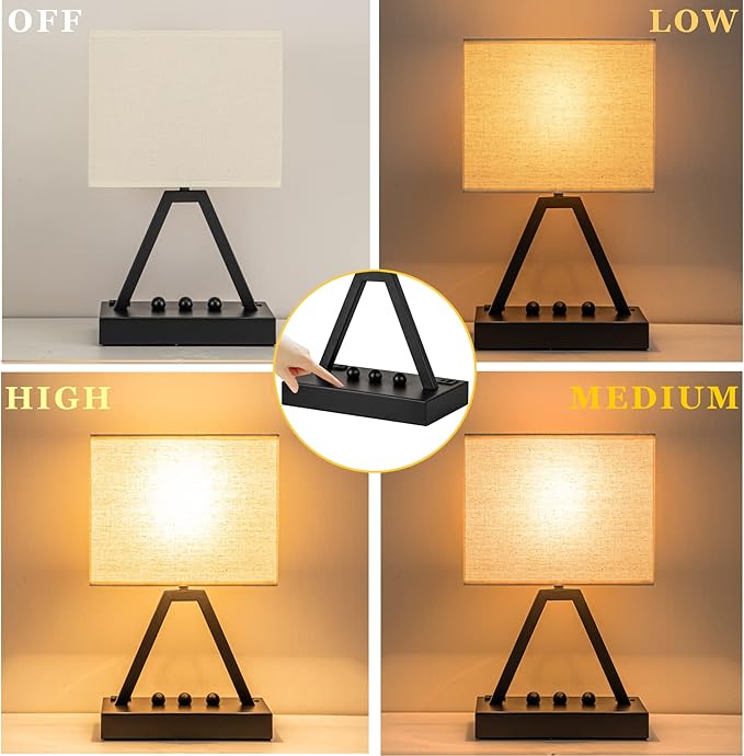 Briever Touch Control Table Lamp, 3-Way Dimmable Desk Lamp with USB C & USB A and AC Outlet, Bedside Lamps with Phone Stands for Bedroom, Living Room, Office, LED Bulb Included, Black