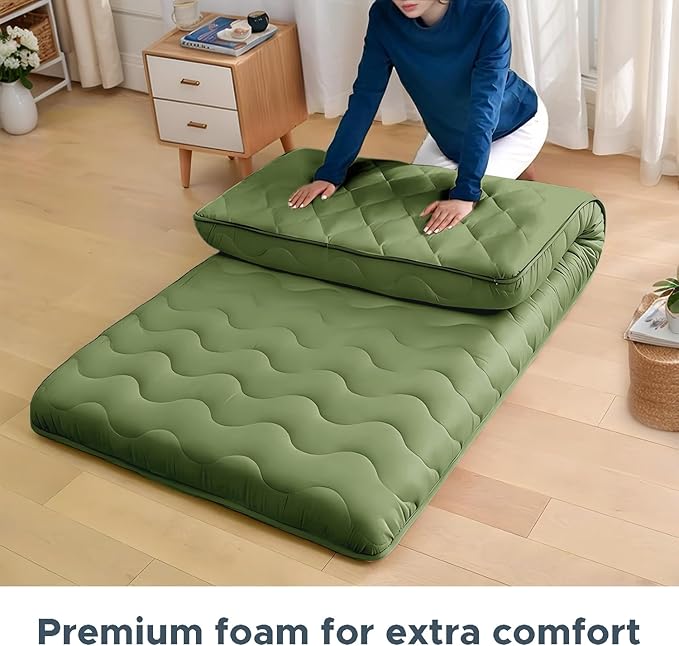 Japanese Floor Mattress, 100% High Density Comfortable Foam, 4" Thicken Foldable Mattress Tatami Mat Sleeping Pad, Ideal for Comfort and Support, Kids Floor Lounger Pillow Bed Sofa, Green, Twin