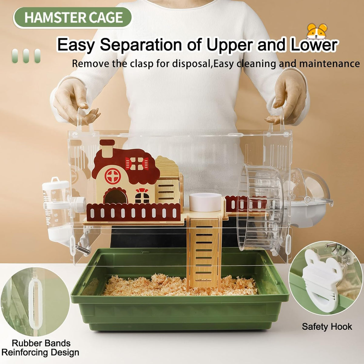 8 in 1 Clear Acrylic Hamster Cage with All Accessories,13.5''L* 10''W* 13''H Dwarf Hamster Cage,Small Hamster Habitat,Garden Style Mouse Cage for Pet Mice,Hamster Enclosure with Stairs(1-Layer)