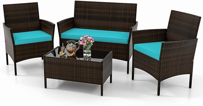 KOTEK 4 Piece Patio Furniture Set, Outdoor Rattan Conversation Set with Loveseat, Wicker Chairs, Tempered Glass Coffee Table, Wicker Patio Set for Backyard, Porch (Turquoise)