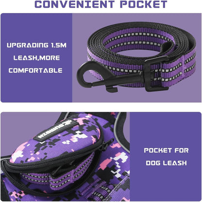No Pull Dog Harness for Large Dogs, Adjustable No Choke Pet Vest with Dog Leash Fit Smart Reflective Pet Walking Harness for Training Easy Control Soft Handle Purple Camo L