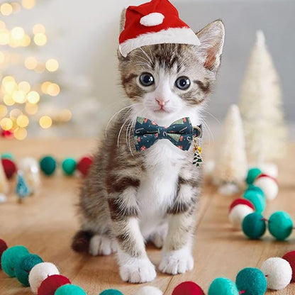 2 Pack Cotton Christmas Cats Collar with Bow Tie Red Green Cat Collars for Girl Female Boy Male Cat Collar with Bell Gingerbread Man Christmas Trees Charms