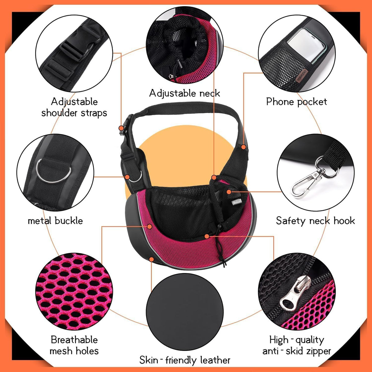 YUDODO Pet Sling Carrier for Small Dogs & Cats – Hands-Free Puppy Carrier with Safety Hook, Large Zipper Pocket, Soft Breathable Mesh, Adjustable Strap & Reflective Strip (Pink 3.0 S)