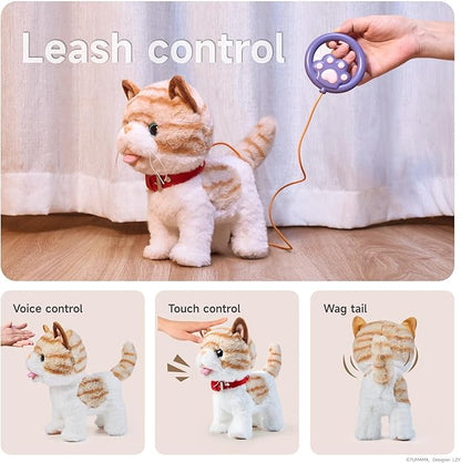 OR OR TU Walking Talking Toy Cat with Remote Control Leash, Plush Pet Electronic Interactive Toys for Kids, Wag Tail, Singing, Pretend Dress Up Realistic Stuffed Cat Age 3 4 5+ Years Old Best Gift