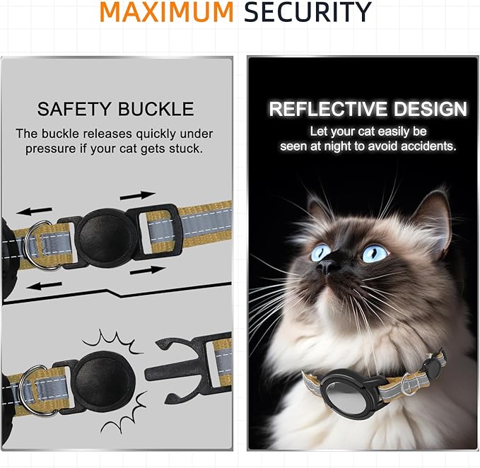 Airtag Cat Collar Breakaway, Odokele Reflective Cats Collars with Apple Air Tag Holder for Kitten, Cat GPS Tracker Adjustable Collars with Safety Quick Release Buckle for Kitties and Puppies - Brown