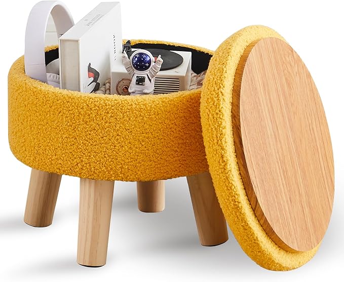 Wimarsbon Storage Ottoman, Modern Round Footrest with Soft Padded Seat, Teddy Velvet Footstool with Wood Legs, Accent Small Table or Plant Stand for Hallway, Living Room (Brilliant Yellow)