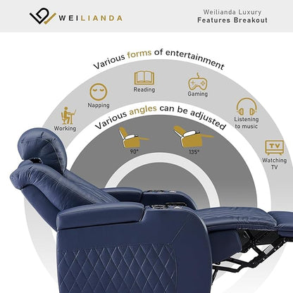 Weilianda Home Theater Seating Top Grain Leather Zero Gravity Recliner Chair Power Headrest Recline Movie Seat Gaming 7 Colors Mood Light Sofa with Tray Table USB Charge Row of 5 Loveseat Left Blue
