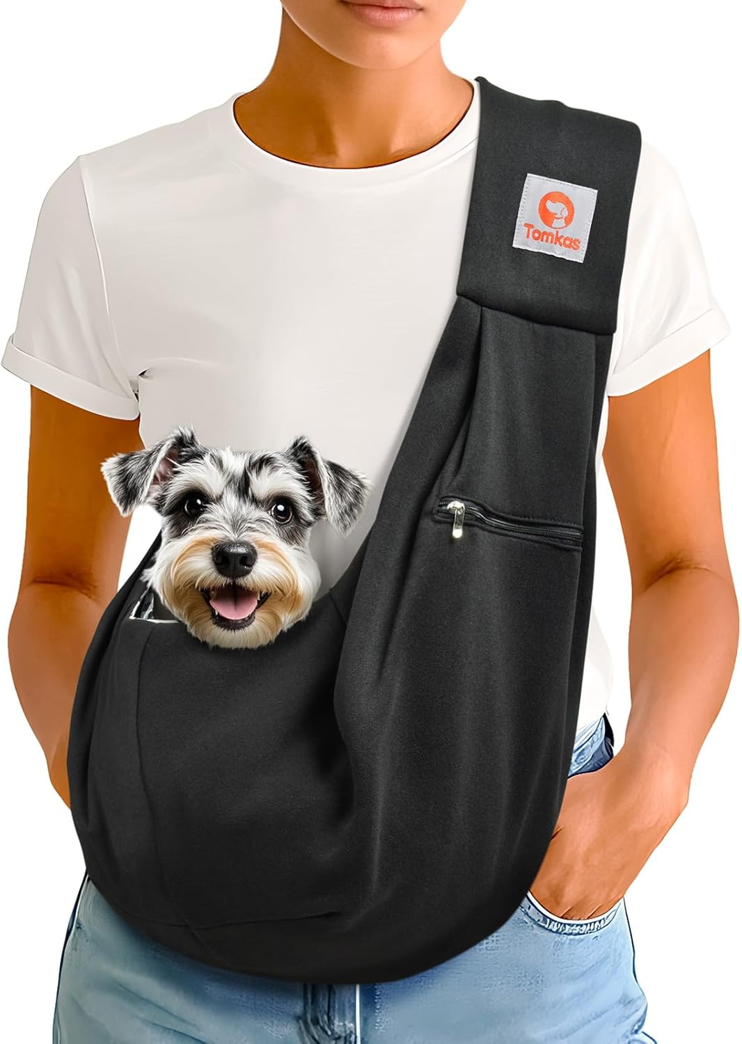 Tomkas Small Dog Sling Carrier - Zipper Pocket & Classic Strap - for 3-10 lbs Pets(Black)