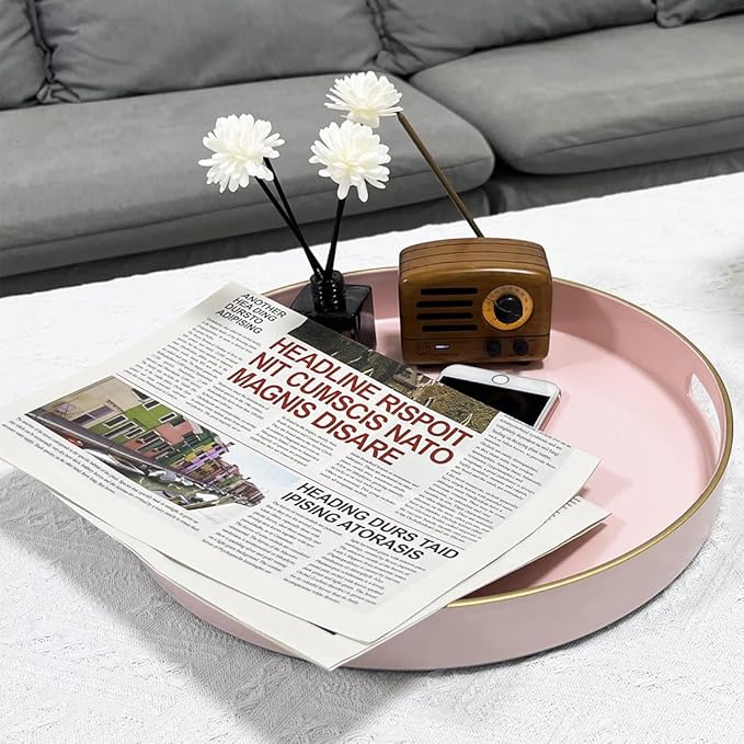 13" Pink Serving Tray with Handles,Round Decorative Tray for Coffee Table, Plastic Modern Coffee Table Tray for Ottoman, Living Room, Bathroom, Décor.