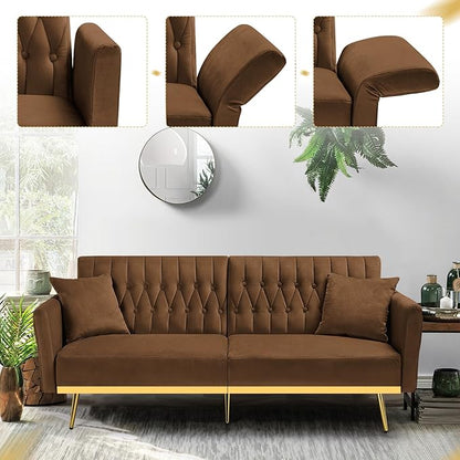 70” Velvet Futon Sofa Bed with 2 Pillows and Adjustable Armrests, Convertible Sleeper Bed W/Adjustable Backrests, Modern Loveseat for Living Room, Bedroom, Brown