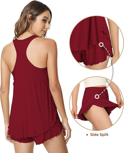 NACHILA Pajamas for Women-Viscose from Bamboo, Ribbed Racerback Tank Top Sexy Split Shorts Pajama Sets Cooling Sleep Cami Pjs