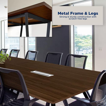 ahliss Sturdy Conference Table with Cable Management Grommets Modern Rectangle Office Meeting Table with Wood Tabletop and Metal Frame & Legs- Easy Assembly Boardroom Table (Dark Brown, 12 Foot)