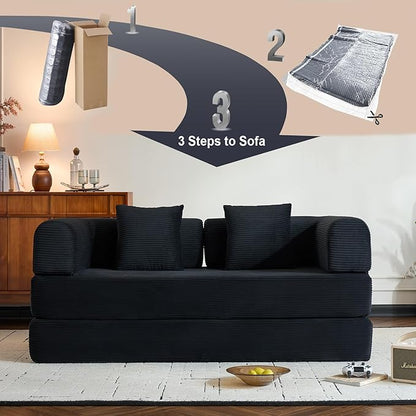 Convertible Sleeper Sofa Bed with Fixed-Shape Frame, Corduroy Folding Boneless Couch with Cylindrical Pillow, Comfy Floor Sofa Couch for Living Room, No Assembly Required, Black