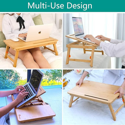 Lap Desk COIWAI Bed Table Desk Tray Laptop Desk for Bed Adjustable Height Angle Foldable Portable with Tablet Phone Holder with Storage Drawer for Bed Sofa Couch, for Eating Writing Bamboo