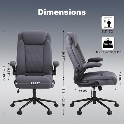ralex-chair Big and Tall Office Chair -500 lb Heavy Duty Office Chair for Big Man, Fabric High Back Executive Office Desk Chair with 120° Tilt Rock,Computer Desk Chair with flip up arm - Grey