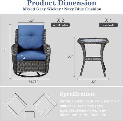 Belord Patio Swivel Rocking Chairs - Outdoor Wicker Glider Swivel Rcoker, 3 Pieces Patio Wicker Furniture Sets for Porch Includes 2 Swivel Rocking Chair and 1 Side Table