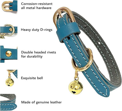 Guiding Star Leather Collar for Puppy, Cute Soft Thin Dogs Collars for Small Medium Dogs, Cat Collar with Bell (Blue, XS, 9"-12")