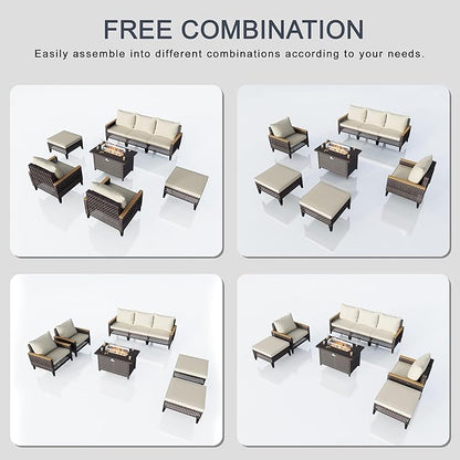 8 Pieces Outdoor Furniture Set, Modern Patio Conversation Sets with Fire Pit Table and Armchairs, Wicker Rattan Sofa Couches Chairs Ottomans for Porch, Deck, Balcony, Backyard, Yard (Beige Cushions)