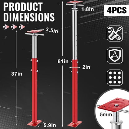 Yaocom 4 Pcs Adjustable Jack Post, 37"-61" Height Range, Basement Floor House Screw Jacks for Lifting Joist Beam Brace for Cellar Ceiling, Center Point Load Capacity 11023 Lbs, Red