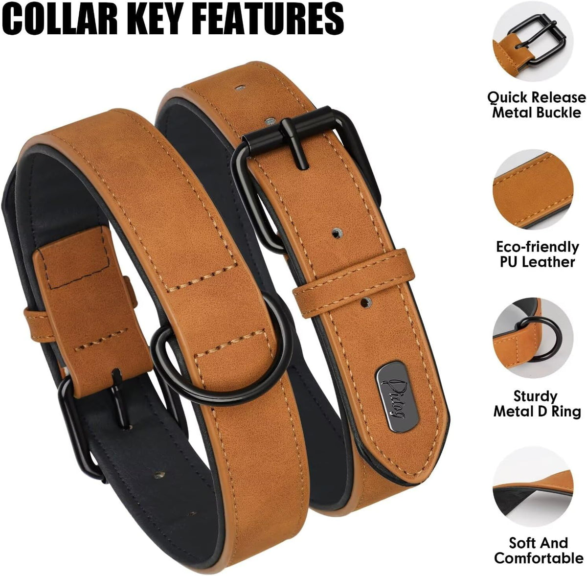 Didog Soft Padded PU Leather Dog Collar, Breathable and Adjustable Dog Collar for Large Dogs, Comfortable for Daily Walk, Light Brown, XL Fit Neck 17-21"(44-71 lbs)