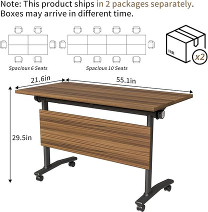 Conference Table, Modern Folding Meeting Tables with Flip Top, Mobile Podcast Table with Four Locking Wheels, Large Training Table for Meeting Room, Office, Classroom (4, A, 55.1in)