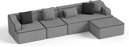 PHI VILLA Cloud Modular Couch Sets, 134" L-Shaped Sectional Sofa with Movable Ottoman, 5-Seater Couches with Deep Seat for Living Room, No Assembly Required, Corduroy, Grey